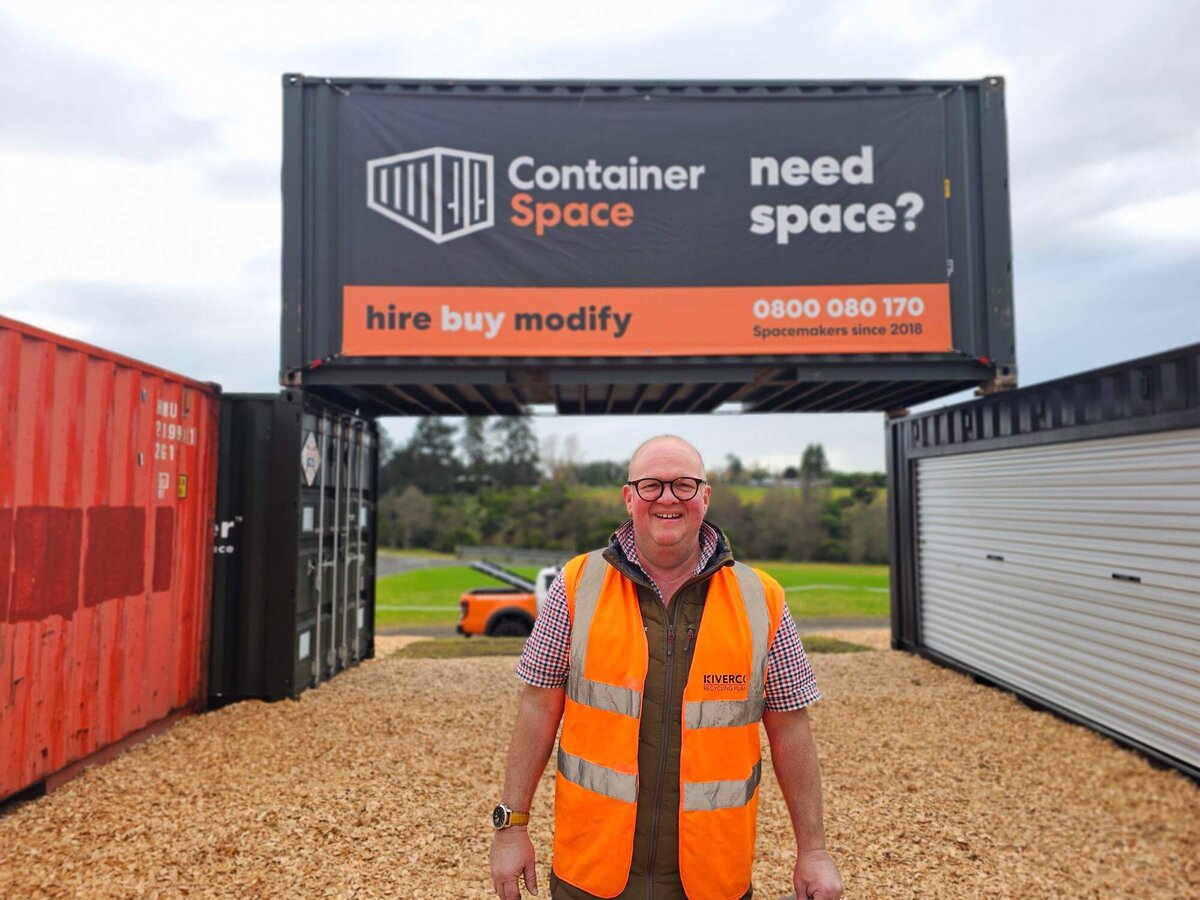 On site at Container Space, branded shipping containers with the Container Space sign